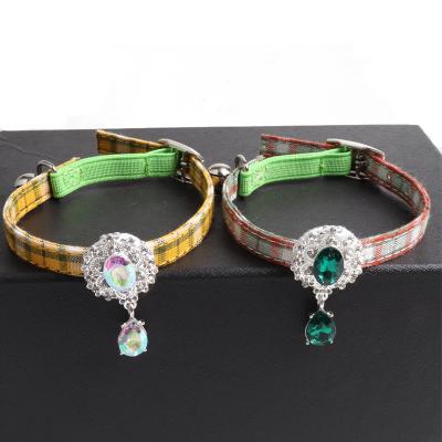 China AMIGO Custom New Trends Fashion British Safety Cat Collar With Bells Metal Buckle Diamond Pet Collar Adjustable Elastic Plaid Alloy for sale