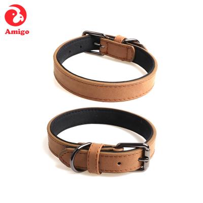 China Amigo Double Layer Metal Buckle Metal Buckle Custom Luxury Classic High Quality Waterproof Adjustable Padded Leather Dog Collar Dog Collar for sale