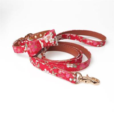 China Japanese Style Viable Red Gold-Plating Flower Patterns Custom Dog Collar and Lead Charms Bow Tie Cotton Rope Fabric Dog Collar Leash for sale