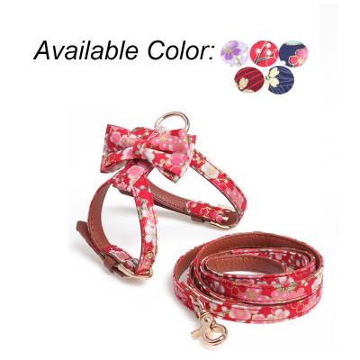 China Viable Wholesale Adjustable Customize Small Large Flower Dog Puppy Harness Leather Leash Cute Luxury Soft Collar Polyester for sale