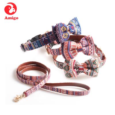 China Cute Pet Cat Dog Collar Leash Set Amigo Single National Customs DETACHED With Bow Tie Cotton Cloth Buckle Detached Dog Collar for sale