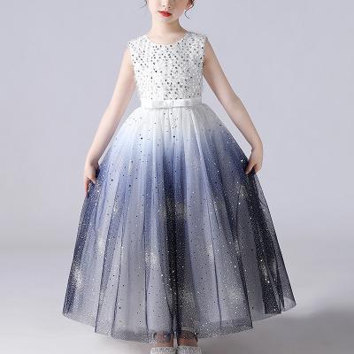 China 2021 Summer Baby Gilrs Sky Decoration Lace Dress Starry Girls Fancy Dress Girls Princess Dresses For Piano Washable Blue Show Long Sleeve for sale