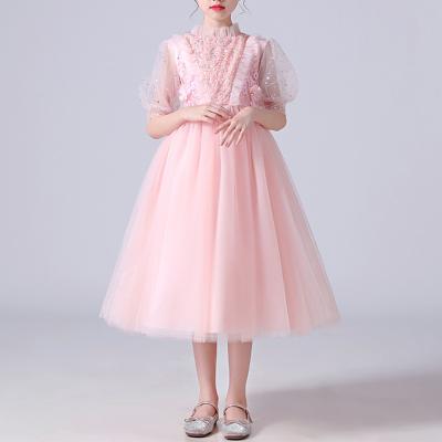 China Autumn Baby Girls Long Princess 2021 washable dresses Half-sleeve pink white Gauze Sequins Decoration Slim Fit for party performance for sale