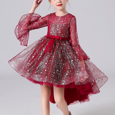 China Washable Sweet Bow Decoration Flower Atmosphere Rocket Sleeve Long Sleeve Star Sequins Design Short Princess Tow Dresses For Party for sale