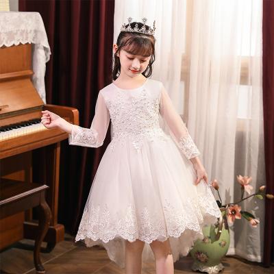 China 2021 New Washable Autumn Skirt Nail Bead Lace Babies Dress Asymmetrical Tow Short Princess Flower Bow Decoration Dresses for sale