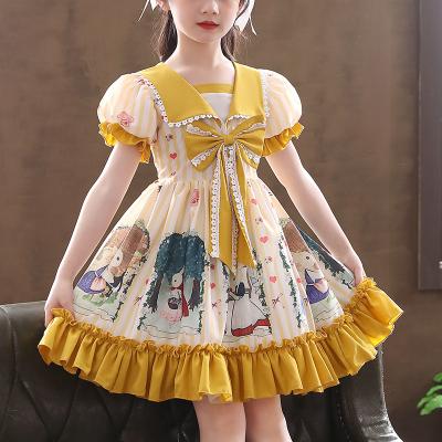 China Concise Washable Design Summer Kids Girls Dress Short Puff Sleeves Knee-Length V-Neck Lolita Dresses Cosplay Party Performance for sale