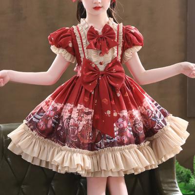 China New Product Summer Washable Sweet Short Design Bow Princess Dresses Puff Sleeves Slim Fit Red Lolita Dress Cosplay Party And Beautiful Lace for sale