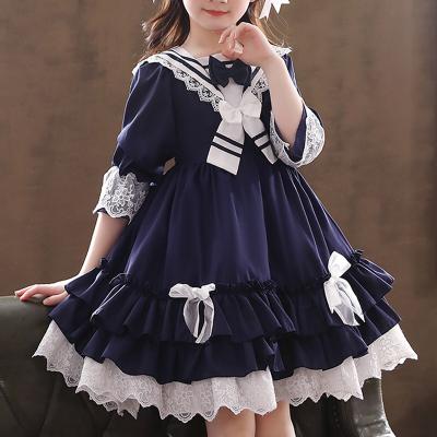 China 2021 Breathable Fashion Soft Elegant Lantern Collar Bow Design Sailor Long Princess Dresses Lolita Style Baby Girl Sleeve Lace Dress for sale