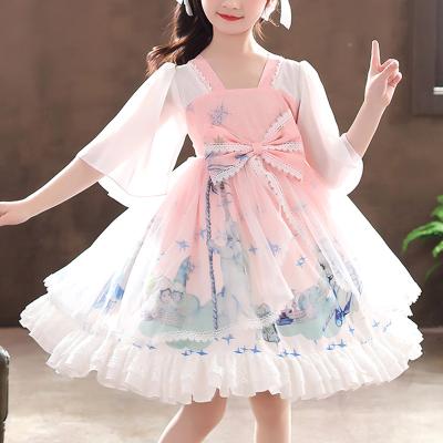 China 2021 New Design Summer Washable Children's Princess Decoration Dresses Chinese Style Lolita Lotus Leaf Sleeve Gauze Bow Short Skirt for sale