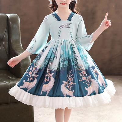 China 2021 Summer Washable Children's Dress Lolita National Style 3-12 Years Girl Border Half Sleeve Red And Green Printed Dress Show for sale