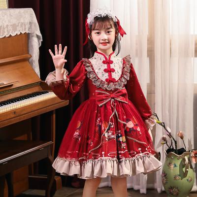 China Winter 2021 Washable Stain Children's Chinese Standing Skirt Collar Neckline Sequins Bow Slim Fit Lolita Short Princess Dresses Design for sale