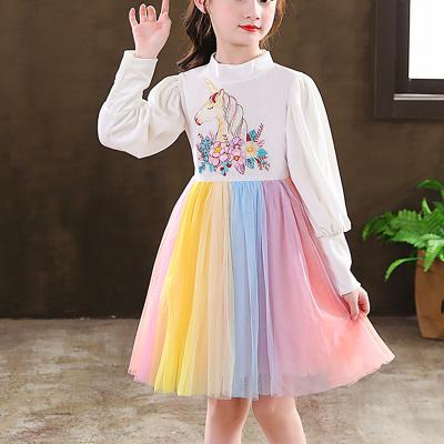 China 2021 Rainbow Princess Short Dress Autumn Winter Korean Fashion Long Sleeve Cotton Cartoon Washable Embroidery Girls Dresses Performance for sale