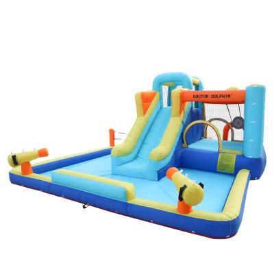 China Oxford Fabric Water Jumping Castles Slide Bouncer Inflatable Trampoline Pull Back Basket Game Ball Games With Dual Water Gun for sale