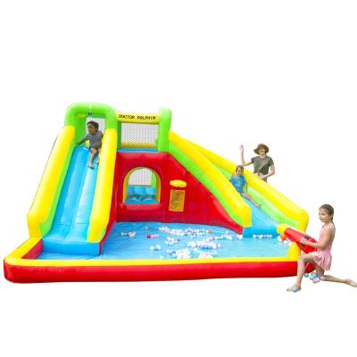 China Oxford Cloth Kid Kingdom Inflatable Jumping Castle Water Gun Bounce Bouncy House Pull Basket Game Ball Games Combo With Double Water Slide for sale