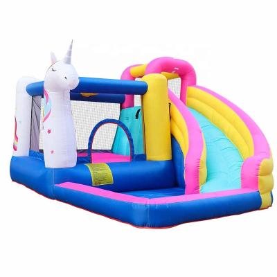 China PVC Tarpaulin And Oxford Cost Commercial Character Playground Slide Jumping Bouncer Combo Inflatable Farm Bouncy Castle Unicorn Bounce House For Sale for sale