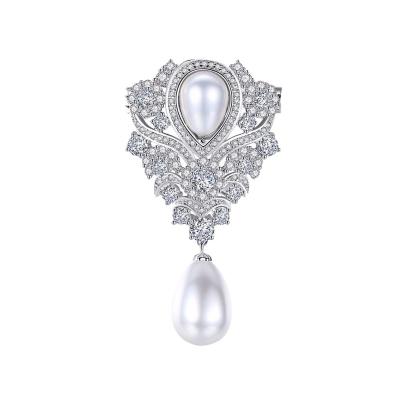 China Dress Matching MACTING Pin Elegant Clear Crystal Flower Brooch With Double Pearl Jewelry Women's Gift for sale