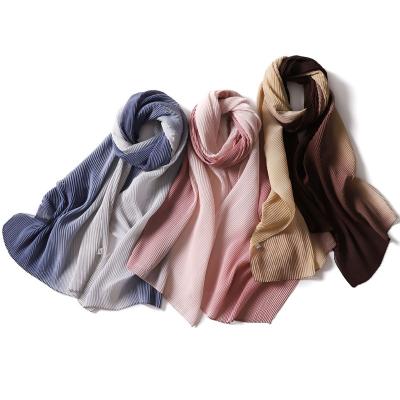 China Soft Touch Feeling Wholesale High Quality Muslim Chiffon Pleated Scarf Women's Gradient Headscarf 175*47cm Long Chiffon Pleated Headscarf for sale