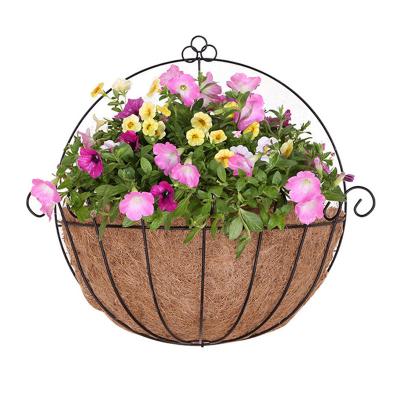 China Rot Render Metal Hanging Baskets For Outdoor Plants With Cocos Coir Lining Flower Racks Halft Heavy Duty Indoor Wall Garden Decor Pot for sale