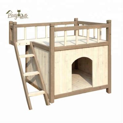 China Wholesale Roof Balcony Bed Cat Puppy House House Design Dog Kennel Breathable Open Outdoor Raised Wooden Pet Caqe With Railing Stairs for sale