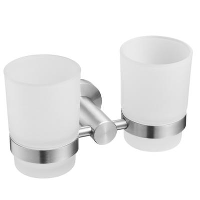 China Newest Wenzhou Factory Bathroom Accessories Stainless Steel Double Tumble Metal Holder Glass Cup Modern Wholesale Toothbrush Cup for sale