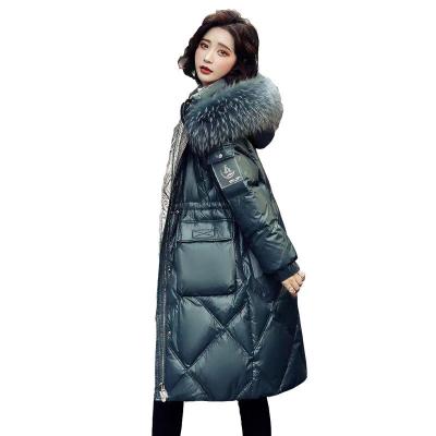 China 2022 New Design Winter Smart Women's Long Big Pocket Zipper Fur Collar Breathable Jacket White Duck Down Fashion Down Jacket for sale