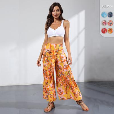 China Breathable Waist Printed Bell Leg Wide Leg Pants Women's Vacation Floral Casual Beach Pants Loose Dangling Style Large Size Trousers for sale