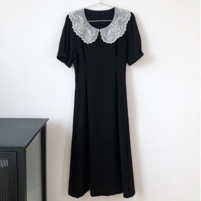 China summer fashion women Anti-wrinkle soft collar black thin lace top quality slim elegant ladies dress for sale