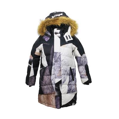 China Fashion Breathable Warm Printing Long Down Jacket For Ladies for sale