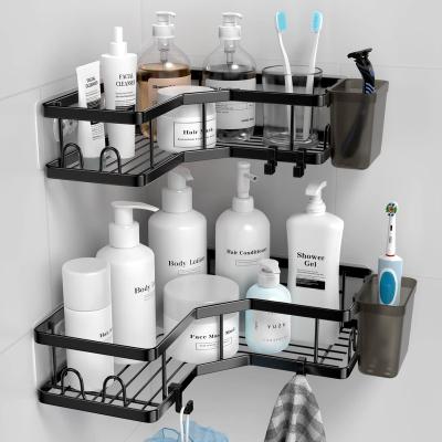 China Adhesive Organizer Stocked Shower Corner Shelves No Drilling Stainless Steel Shower Storage Holder With Holder For Bathr for sale