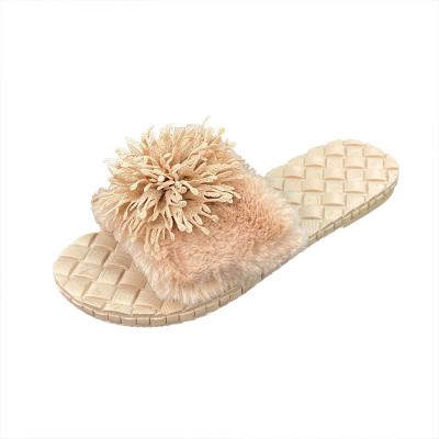 China 2020 Fashion Trend Design New Fashion Fur Slides For Women Flower Open Flat Indoor Ladies Cotton Slipper Fluffy Toe Sandals Shoes for sale