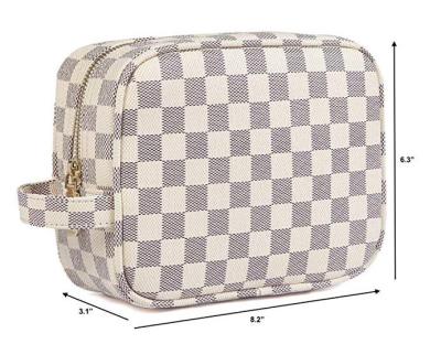 China Japan Style Luxury Checkered Makeup Handbags PU Leather Cosmetic Toiletry Travel Bag For Woman for sale