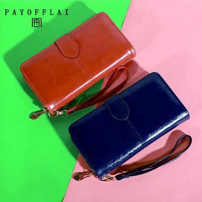 China With  USB PAYOFFLAI Low MOQ 1pc Fashion Ladies Wax Leather Credit Card Holder Wallet Women Long Zipper Cell Phone Clutch Purse Red Wallet for sale