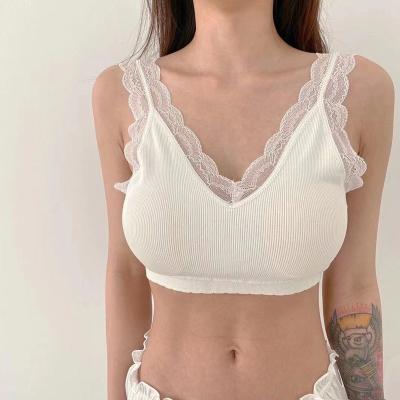 China Women Summer Antibacterial High Quality Tank Top Bra Lace Up Bralette Cavity Off Tank Top Ladies 2021 Crop Top Bra for sale