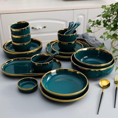 China Customized Sustainable Design Nordic Green Golden Edge Restaurant Porcelain Plates Bowl Set for sale