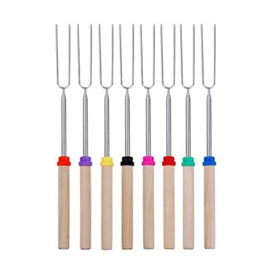 China New Design Product Stretch Stainless Steel Barbecue Fork 8 Color Wood Handle Marshmallow Roasting BBQ Sticks Easily Cleaned for sale