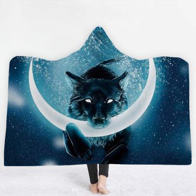 China China Wholesale Antistatic Wolf 3d Printing Fleece Throw Adult Hooded Blanket for sale