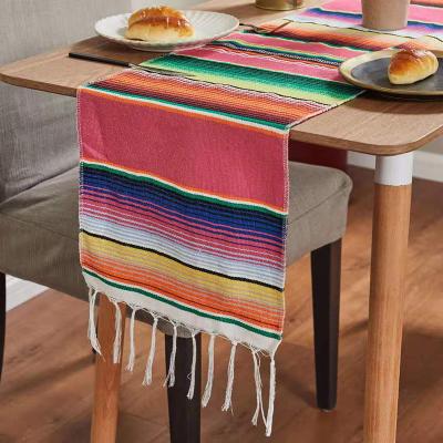 China Anti-Static Mexican Ins Table Runner Stripe Shawl Blanket Rainbow Tablecloth Beach Mat With Tassel 35*215cm for sale