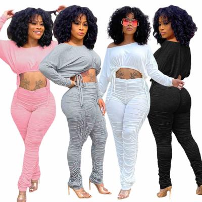 China 2021Ladies Anti-wrinkle fashion crop top ruffled pants women fall solid color women's sets two-piece sets for sale