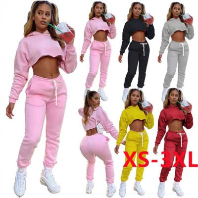 China Custom Viable Logo Woman Crop Top Clothing Women Sweatpants Jogger Hoodie Set Cropped Sweatshirt Hoodies Sets for sale