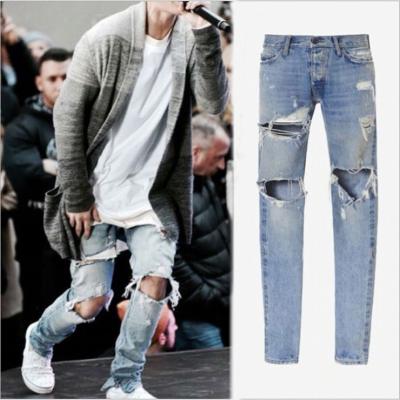 China New men's elastic pants biker jeans big hole destruction zipper pants high street breathable thin men's jeans for sale