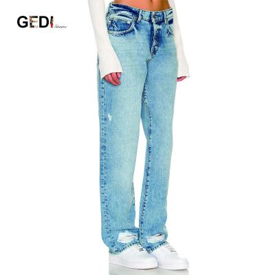 China Breathable Custom Loose Blue White Denim Straight Fit Jeans For Women for sale