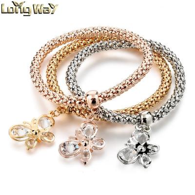 China Trendy Crystal Butterfly Charm Pendant Bracelet, Women's Fashion Three Color Stackable Bracelet Set for sale