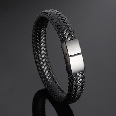 China New Designs Fashion Men's Leather Wristband Bracelet Real Leather Wristband Gentlemen With Stainless Steel Clasp for sale