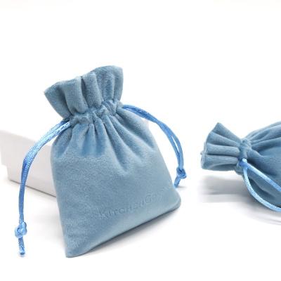 China Haze Drawstring Velvet Jewelery Pouch Recyclable Super Soft Blue With Logo for sale