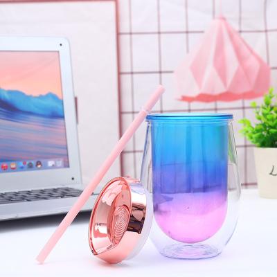 China Gradient Tumbler Transparent Double Layer Pink Sippy Tumbler With Lid And Straw 14.7/6/9.3cm for sale