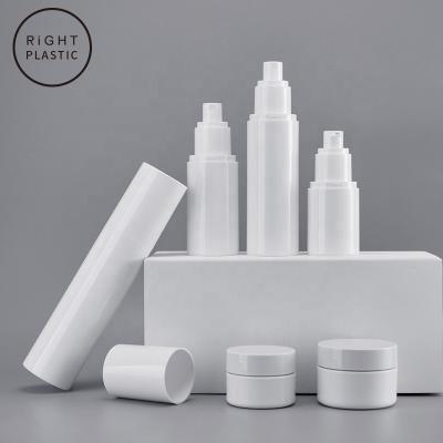 China Beauty Packing Airless Cosmetic Bottle Spray Lotion Bottle In White With White PET Jars for sale