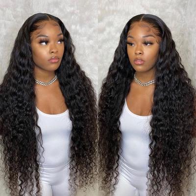 China Natural Lace Front Virgin Brazilian Hair Water Wave Wig Full Handtied Factory Wholesale 5x5 Lace Water Wave Swiss Closure Wig With Bangs for sale