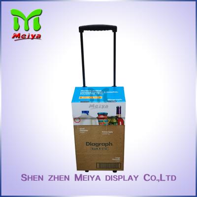 China Portable Custom Cartoon Corrugated Paper Case Handle Cardboard Luggage Bag with Wheels for sale