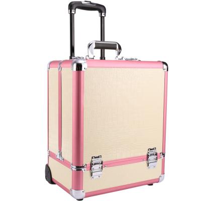 China Fashionable Professional Makeup Trolley Pink Makeup Case Train Case Makeup Artist Trolley Cosmetic Trolley Cosmetic Case for sale