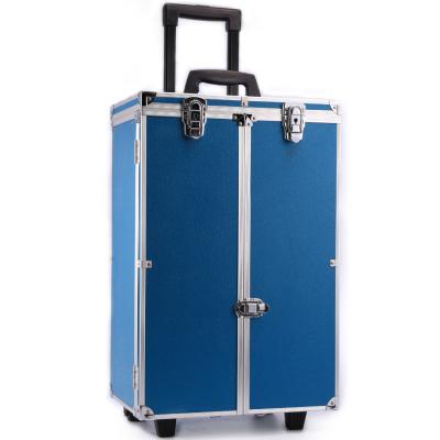 China Carry Case Blue Leather Aluminum Jewelry Display PU Jewelry Travel Trolley Case For Vendor for sale